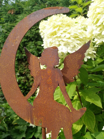 Edelrost Gartenstecker Engel im Mond, 20 cm
