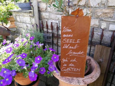 Edelrost Schild mit Ginkgo "Garten - Seele", hoch