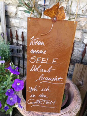 Edelrost Schild mit Ginkgo "Garten - Seele", hoch