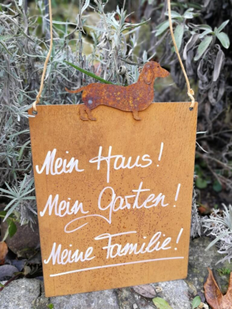 Edelrost Schild mit Dackel, Mein Haus