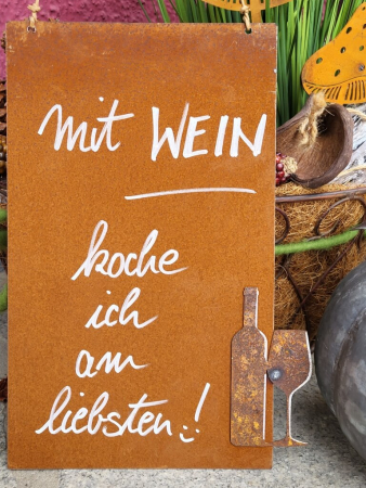 Edelrost Schild mit Weinflasche, Wein und kochen