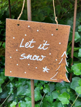 Edelrost Schild Let it snow, mit Tanne