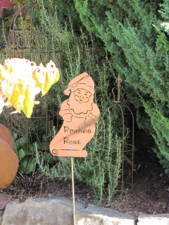 Gartenstab Nikolaus mit Schild Frohes Fest