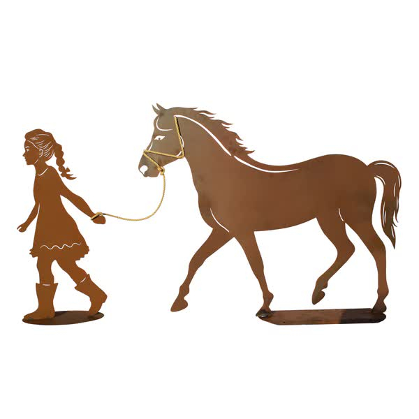 Edelrost Dekofigur Mädchen mit Pferd