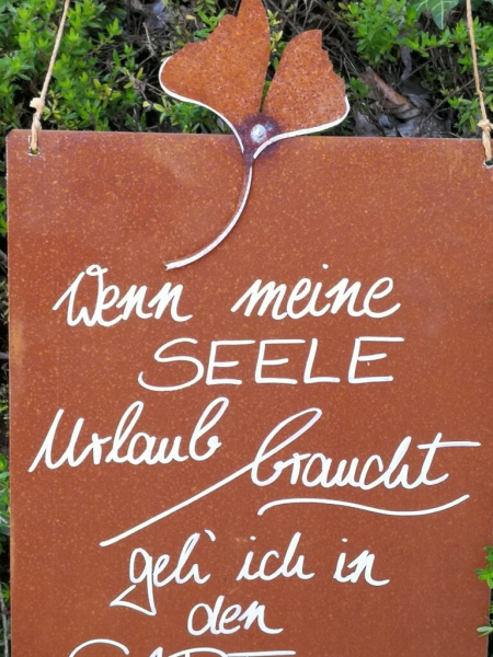 Edelrost Schild mit Ginkgo "Garten - Seele"