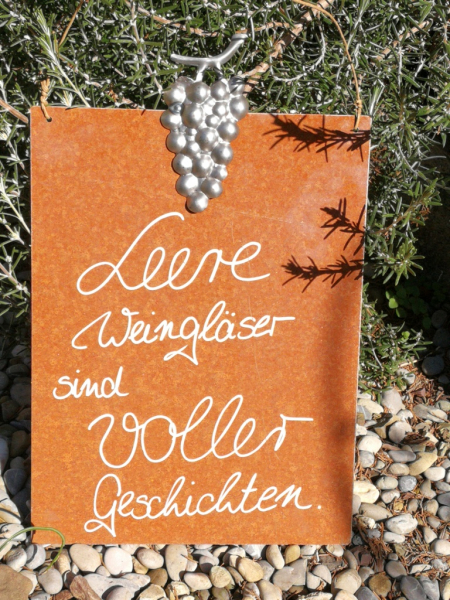 Edelrost Schild mit Weintraube - "leere Weingläser"