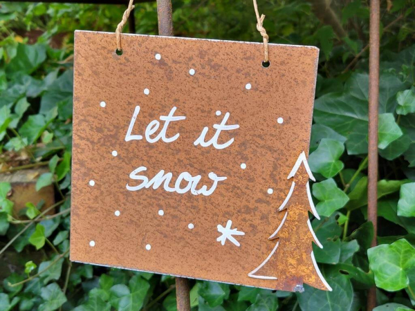 Edelrost Schild Let it snow, mit Tanne